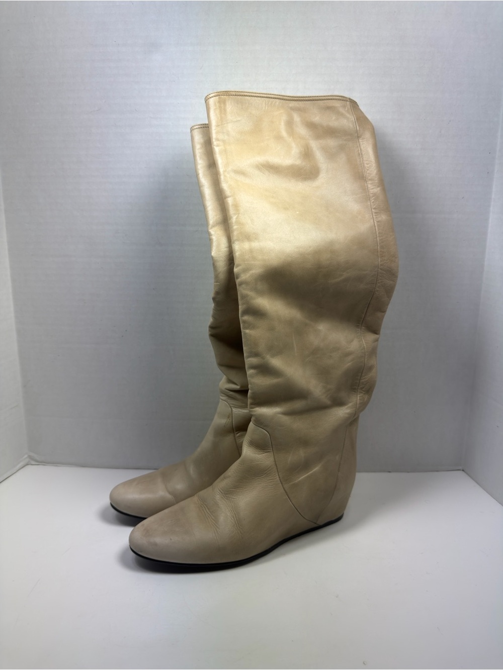Lanvin Slouchy Beige Leather Tall Wedge Boots